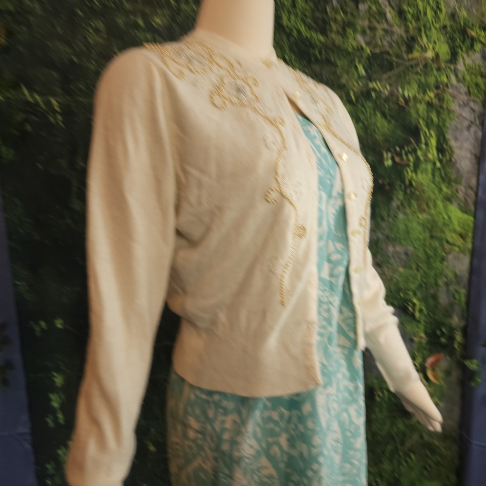 Vintage 1960's Cardigan Sweater Cream Beaded Susan Scott Originals Pinup - Picture 8 of 15